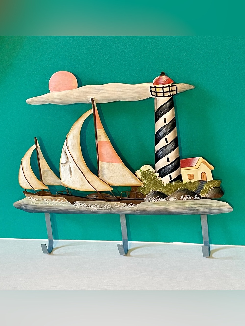 Coastal Lighthouse & Sailboat Wall Hook Rack